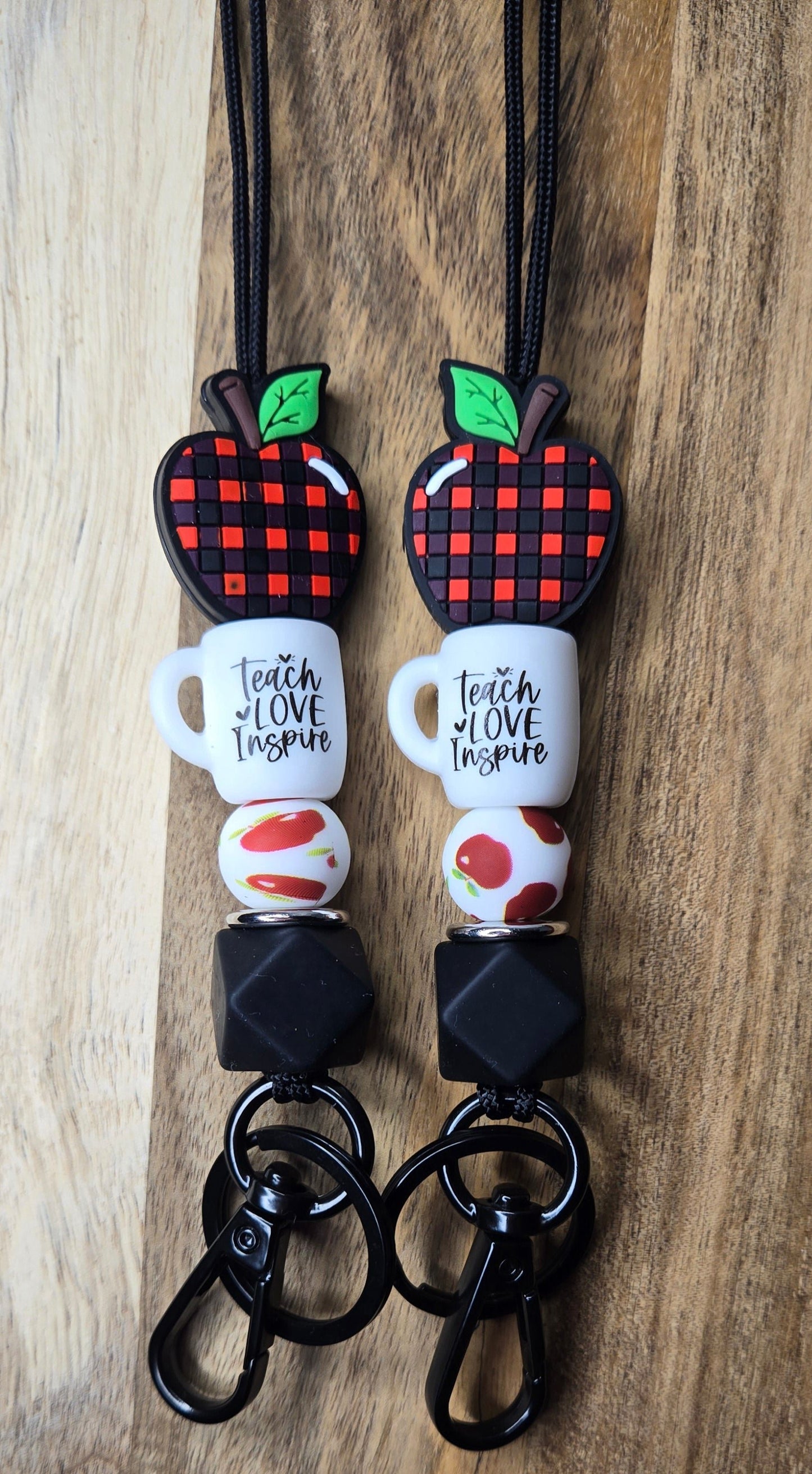 Plaid Apple/Black Hexagon Lanyard