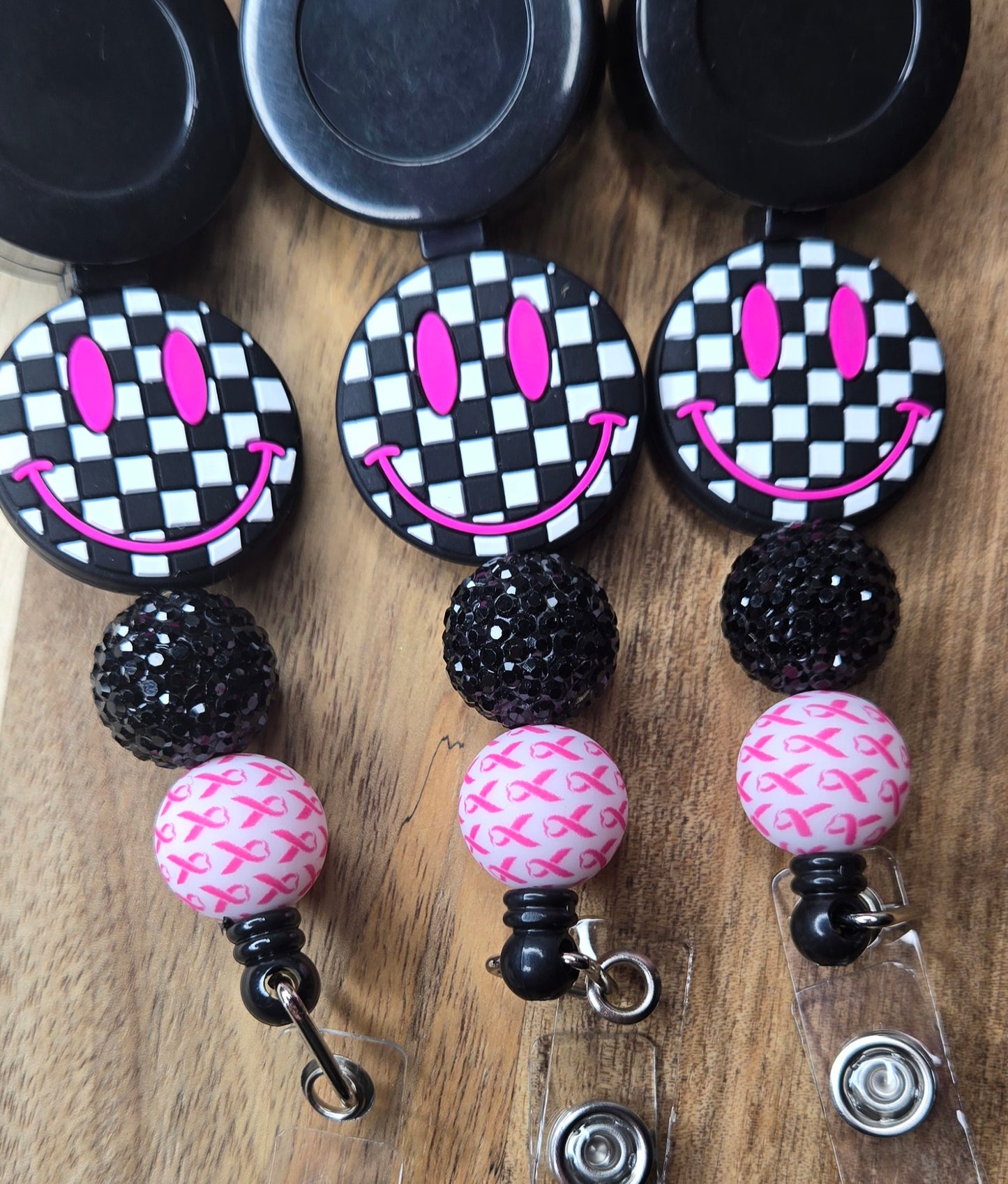 Black Checkered Smile w/ Breast Cancer Round