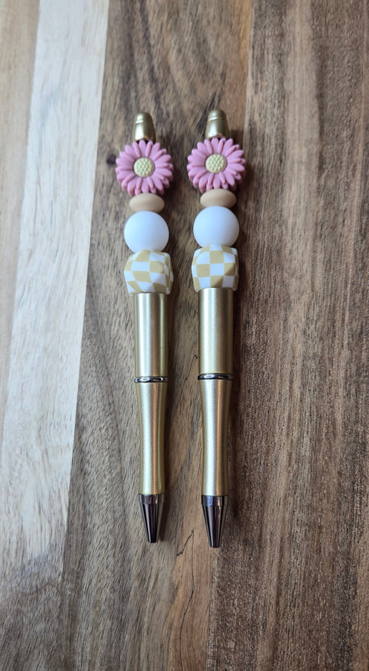 Tan Checkered with Pink Daisy Pen