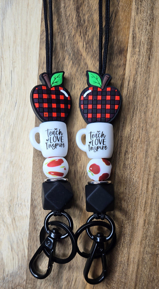 Plaid Apple/Black Hexagon Lanyard
