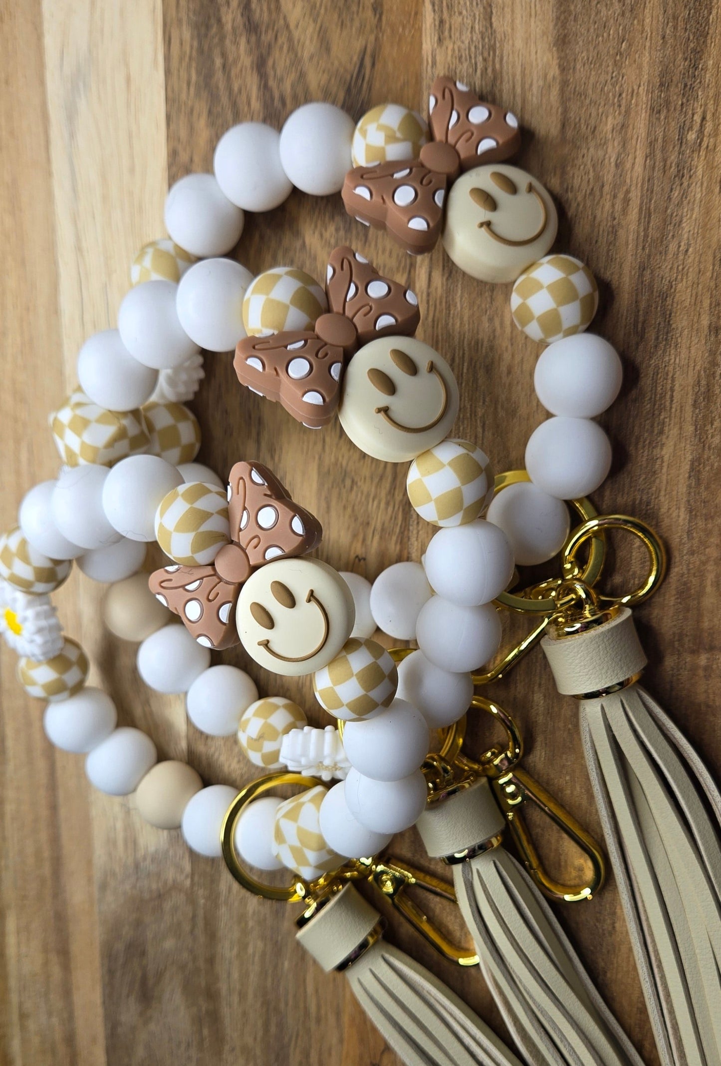 Brown Bows and Yellow Smiles Wristlet with Tan Tassel