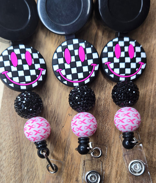 Black Checkered Smile w/ Breast Cancer Round